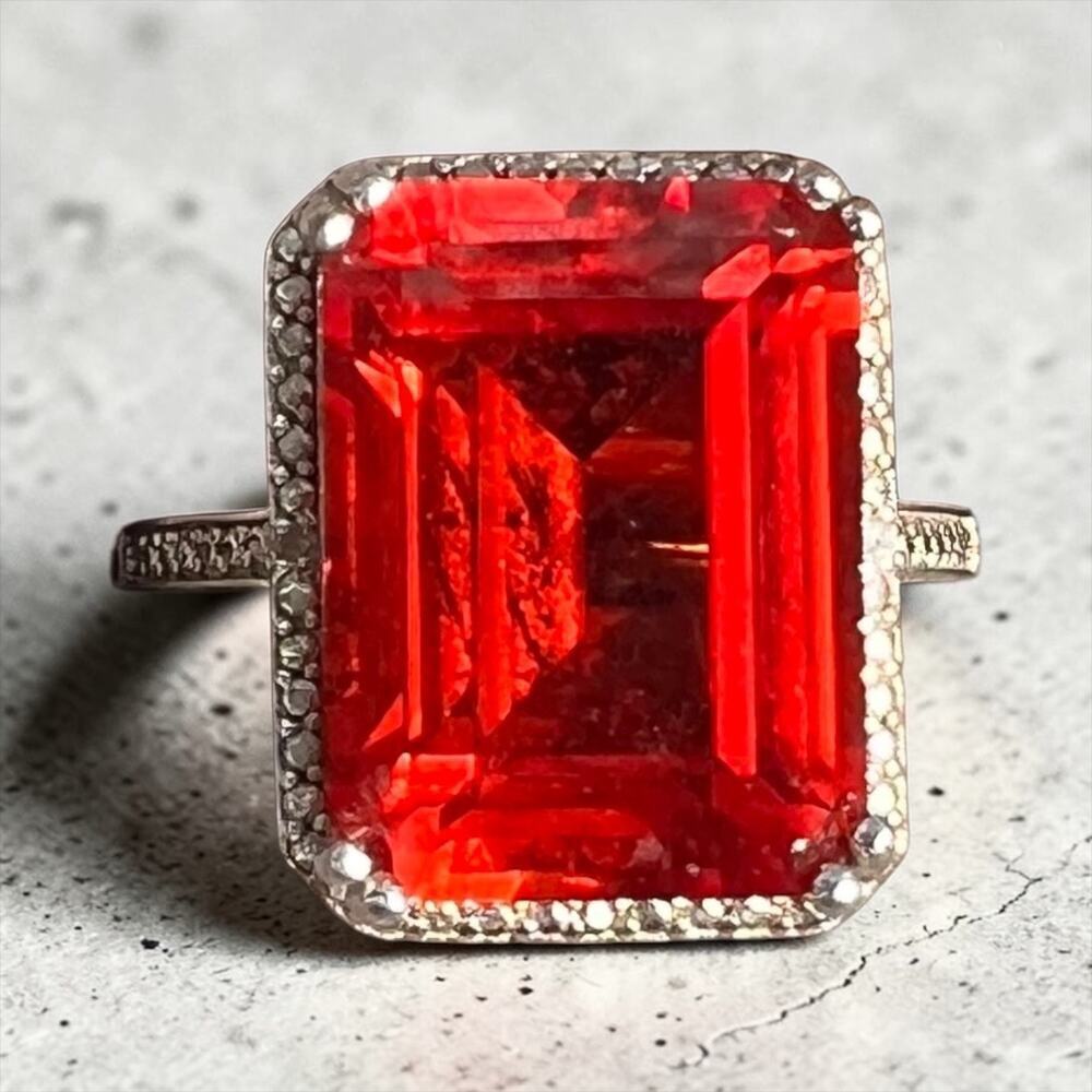 Sterling Silver Orange/Red Emerald Cut Ring Statement Bold Vintage Style 8.75 - Picture 3 of 8